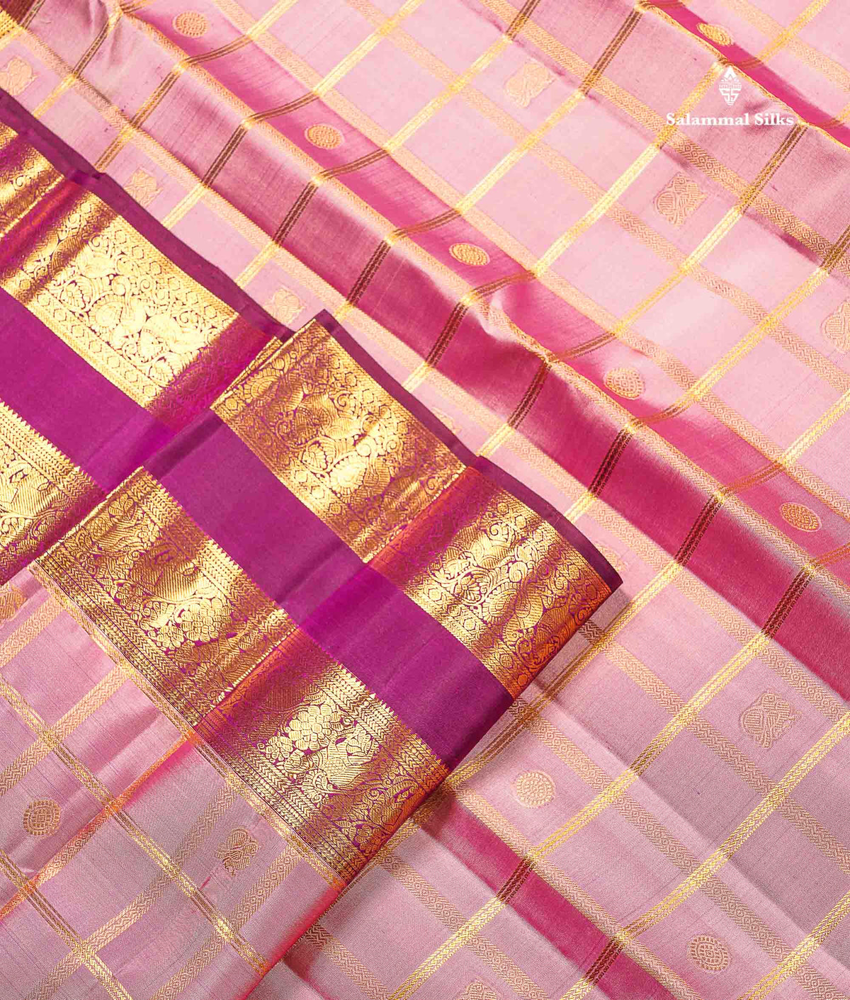 Pure Kanjivaram Silk Saree - Onion Pink Colour Body Checks With Butta & Contrast Wine Purple Gap Border