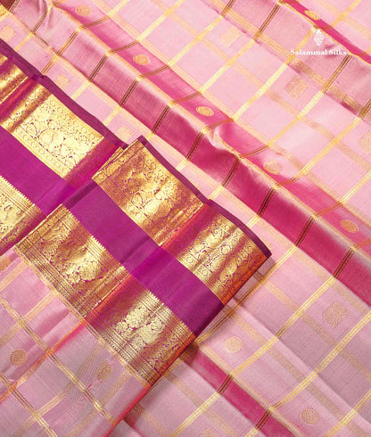 Pure Kanjivaram Silk Saree - Onion Pink Colour Body Checks With Butta & Contrast Wine Purple Gap Border