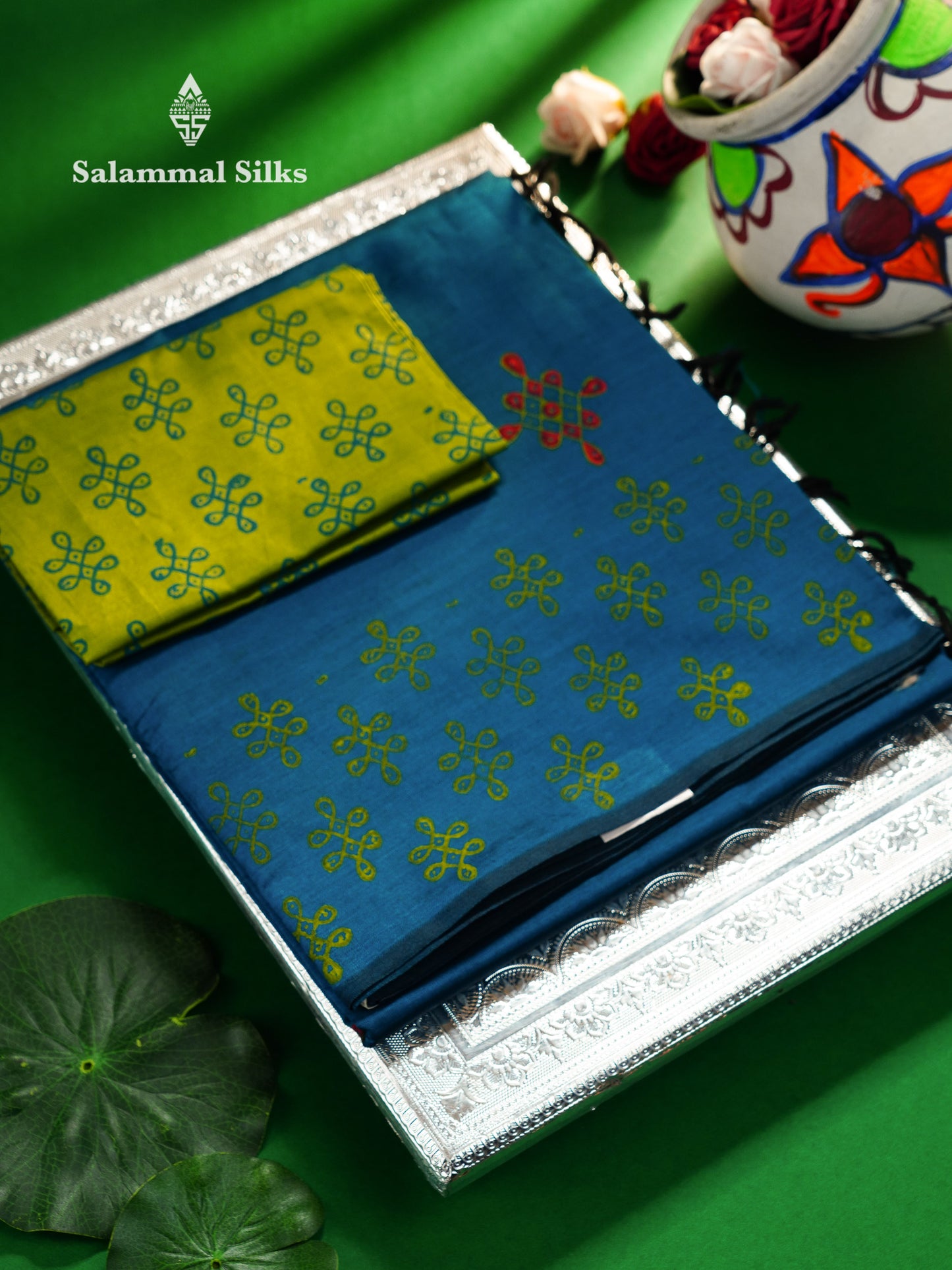 Beautiful Peacock Blue Printed South Cotton Saree With Contrast Parrot Green Blouse