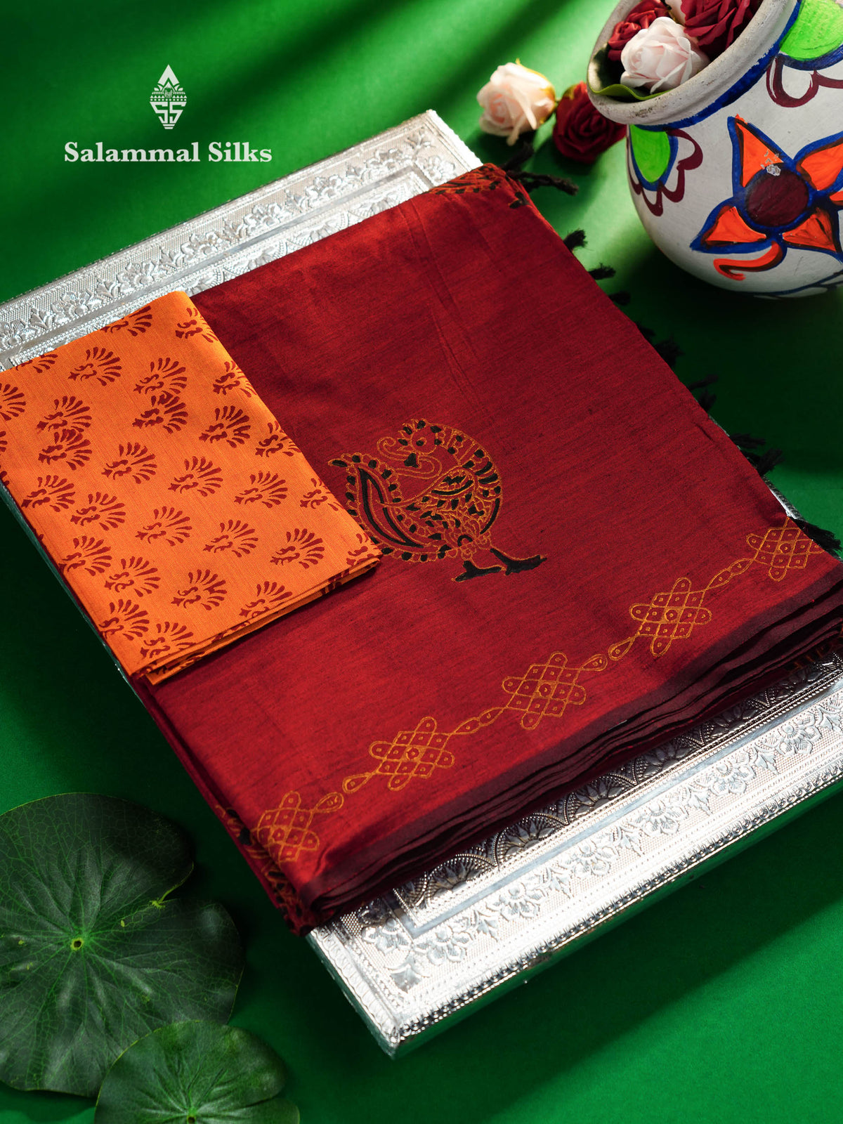 Beautiful Maroon Printed South Cotton Saree With Contrast Fanta Orange Blouse