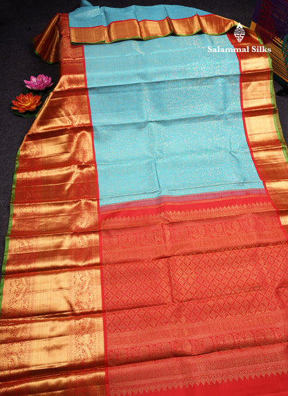 Sky Blue Pure Kanjivaram 2G Zari Silk Saree With Contrast Chilly Red Long Traditional Border