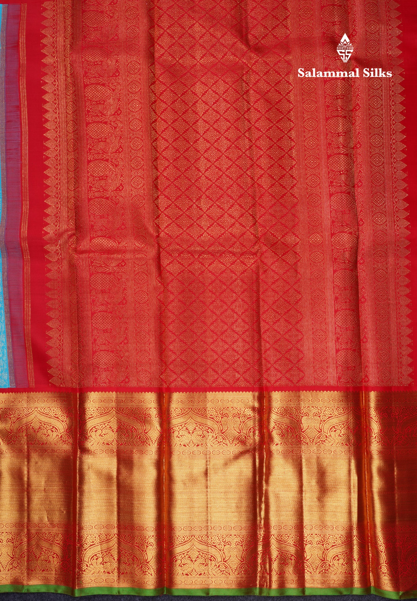 Sky Blue Pure Kanjivaram 2G Zari Silk Saree With Contrast Chilly Red Long Traditional Border
