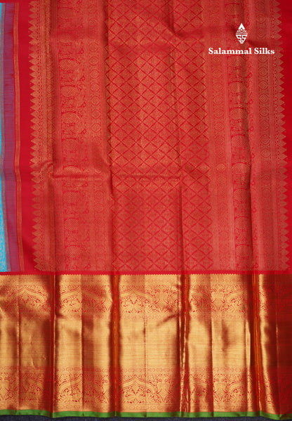 Sky Blue Pure Kanjivaram 2G Zari Silk Saree With Contrast Chilly Red Long Traditional Border