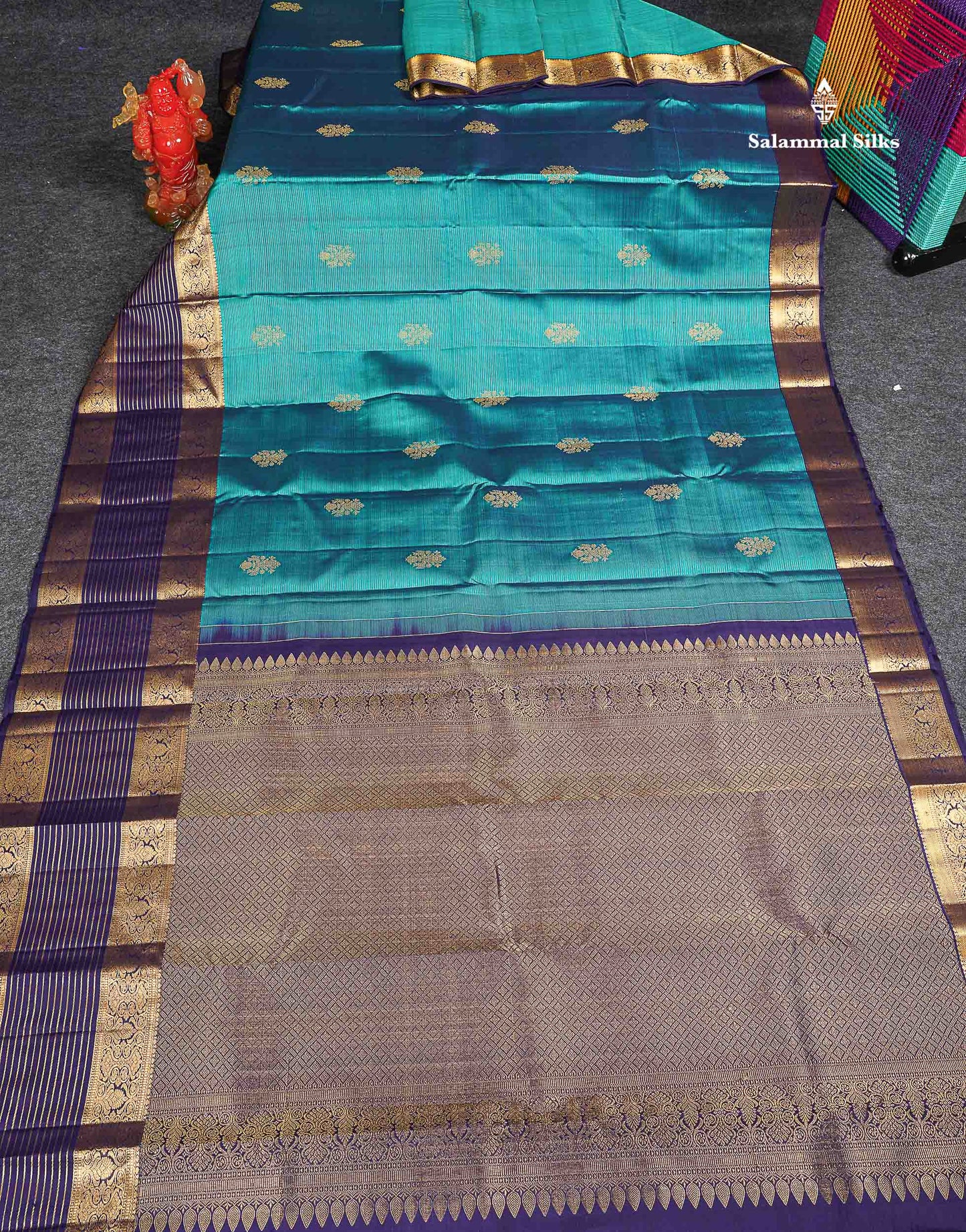 Pure Kanjivaram Silk Saree - Teal Blue Colour Body Vaira Oosi Lines With Butta & Navy Blue Evening Morning Border