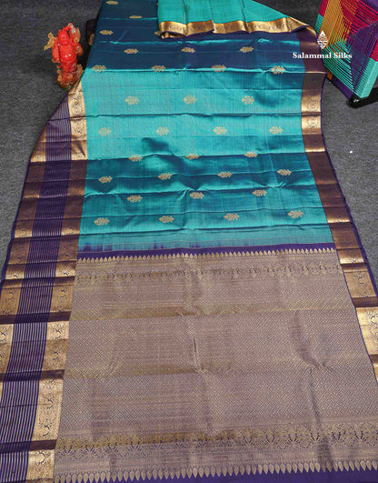 Pure Kanjivaram Silk Saree - Teal Blue Colour Body Vaira Oosi Lines With Butta & Navy Blue Evening Morning Border
