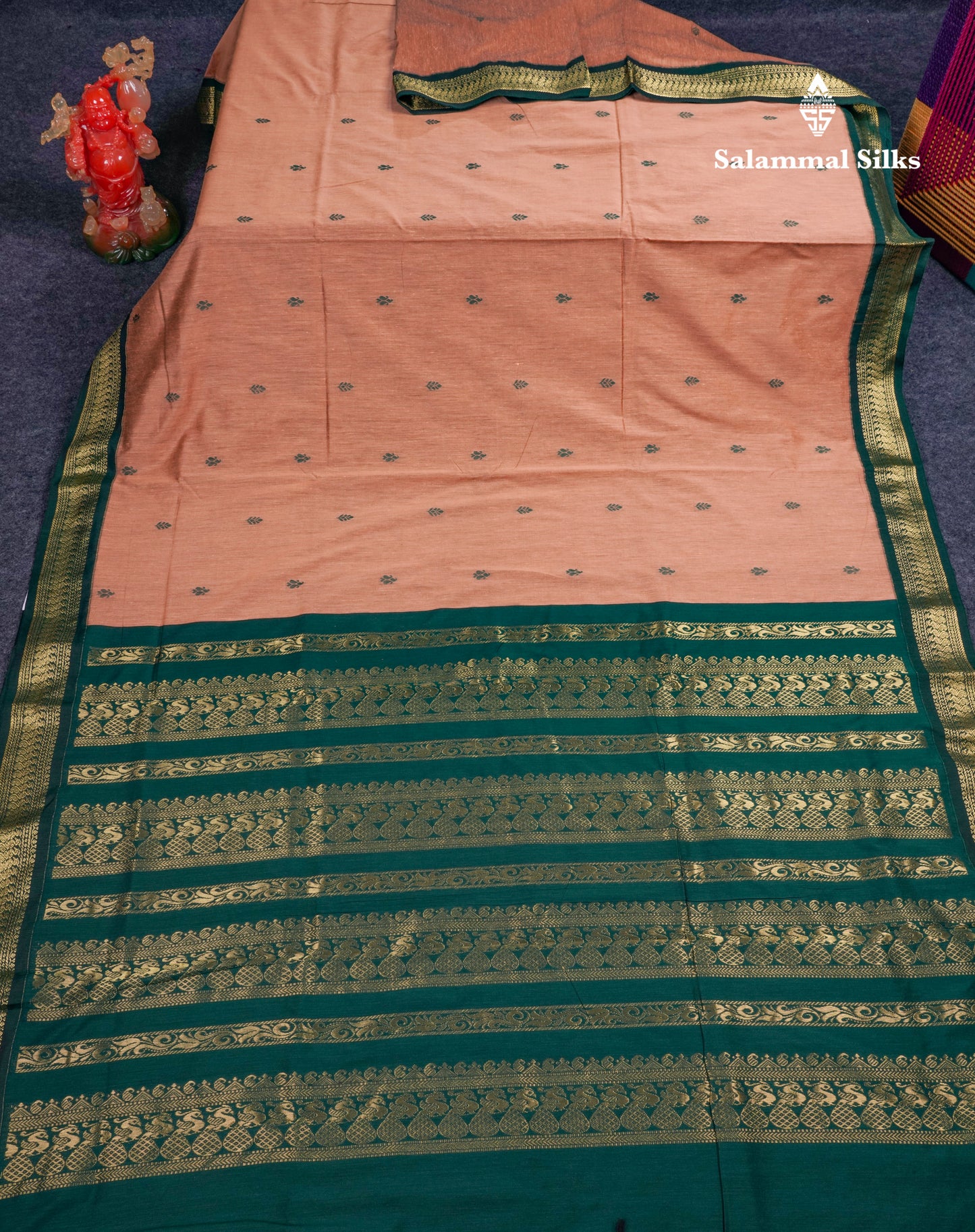 Beautiful Sandal Kalyani Cotton Saree With Contrast Bottle Green Blouse