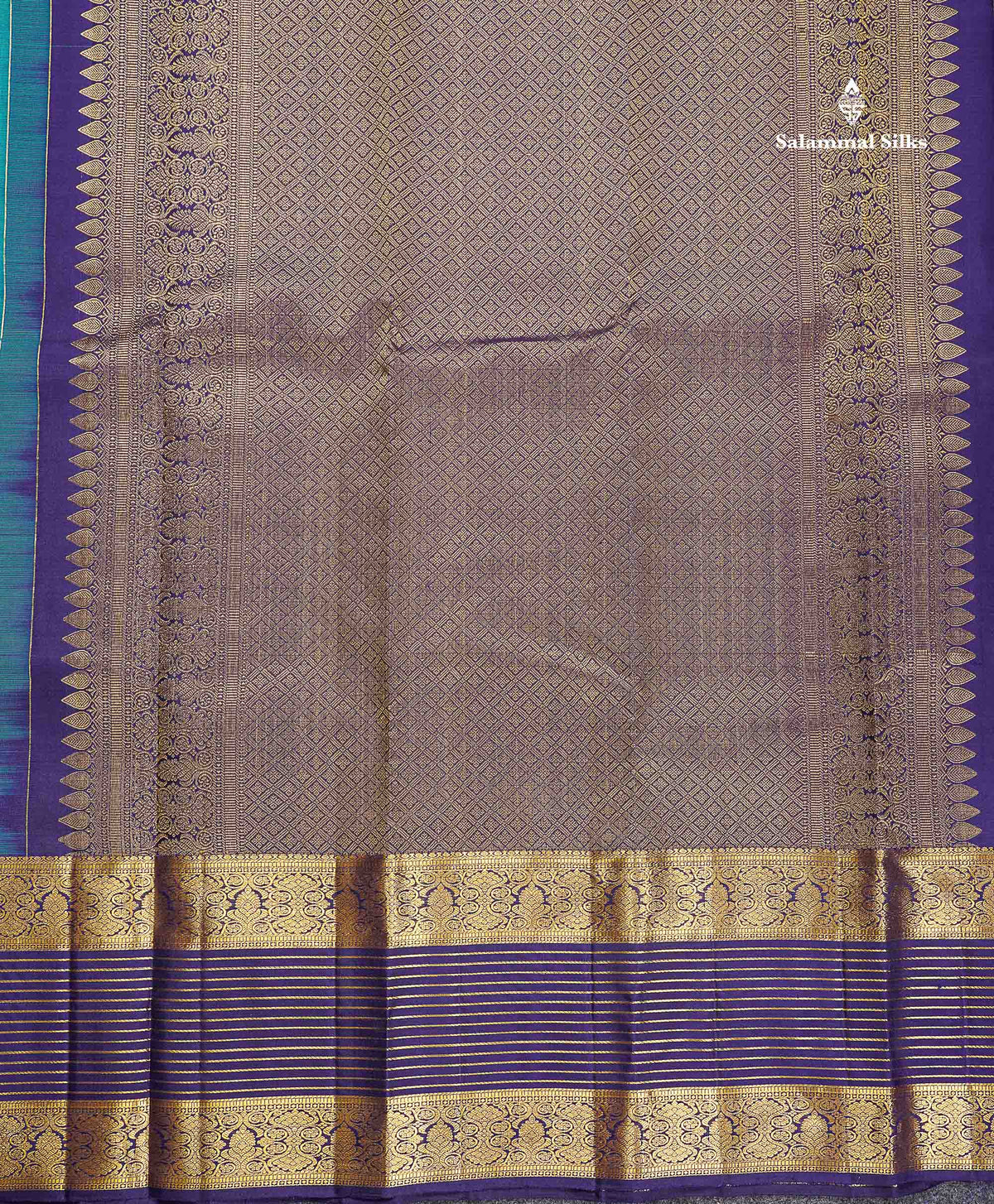 Pure Kanjivaram Silk Saree - Teal Blue Colour Body Vaira Oosi Lines With Butta & Navy Blue Evening Morning Border