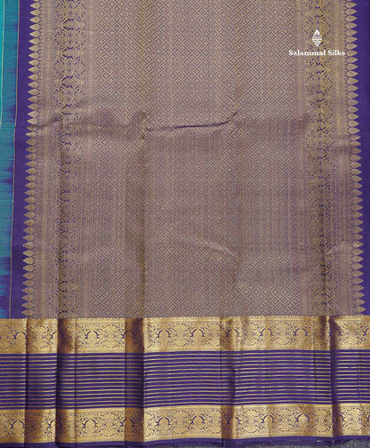 Pure Kanjivaram Silk Saree - Teal Blue Colour Body Vaira Oosi Lines With Butta & Navy Blue Evening Morning Border