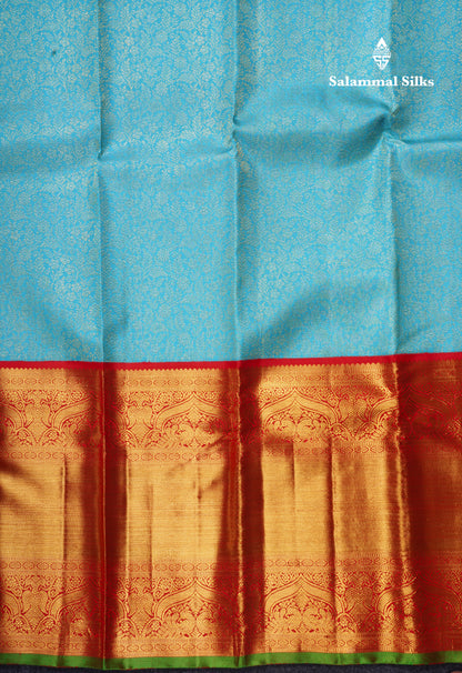Sky Blue Pure Kanjivaram 2G Zari Silk Saree With Contrast Chilly Red Long Traditional Border