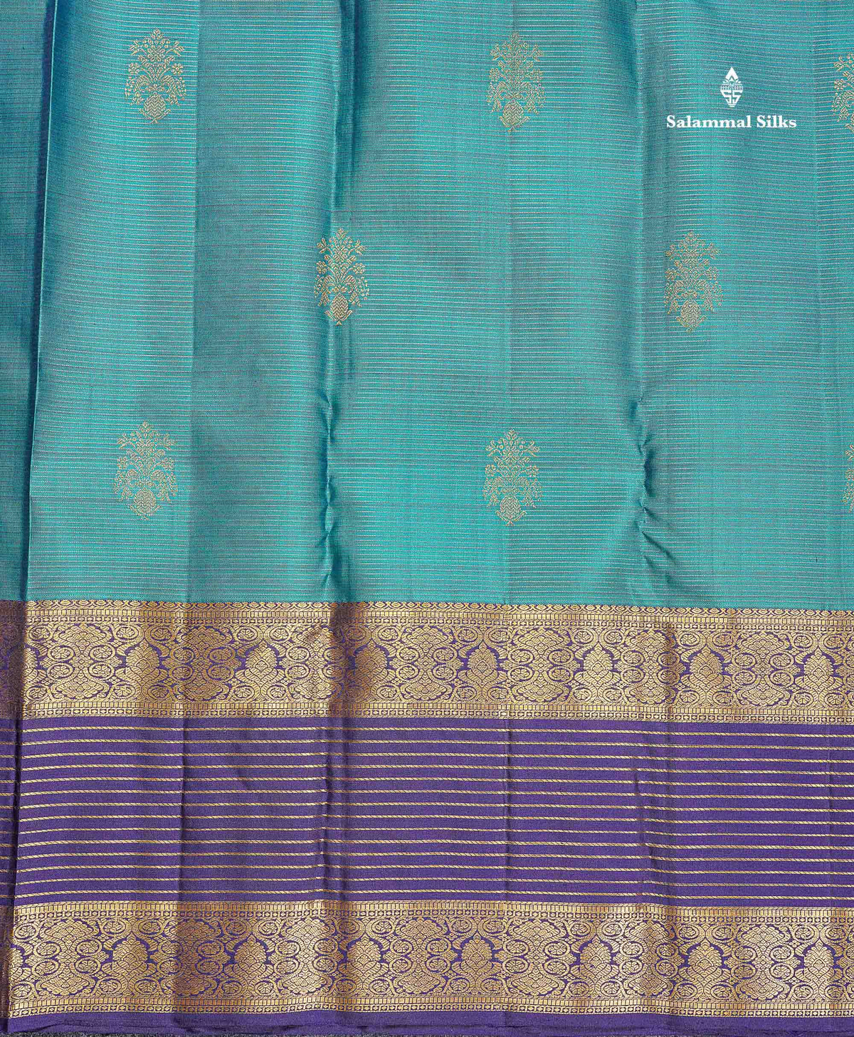 Pure Kanjivaram Silk Saree - Teal Blue Colour Body Vaira Oosi Lines With Butta & Navy Blue Evening Morning Border