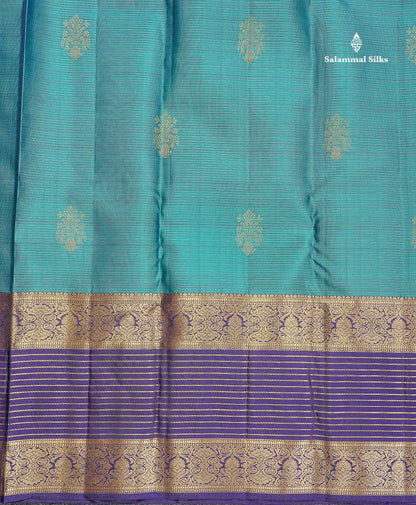 Pure Kanjivaram Silk Saree - Teal Blue Colour Body Vaira Oosi Lines With Butta & Navy Blue Evening Morning Border