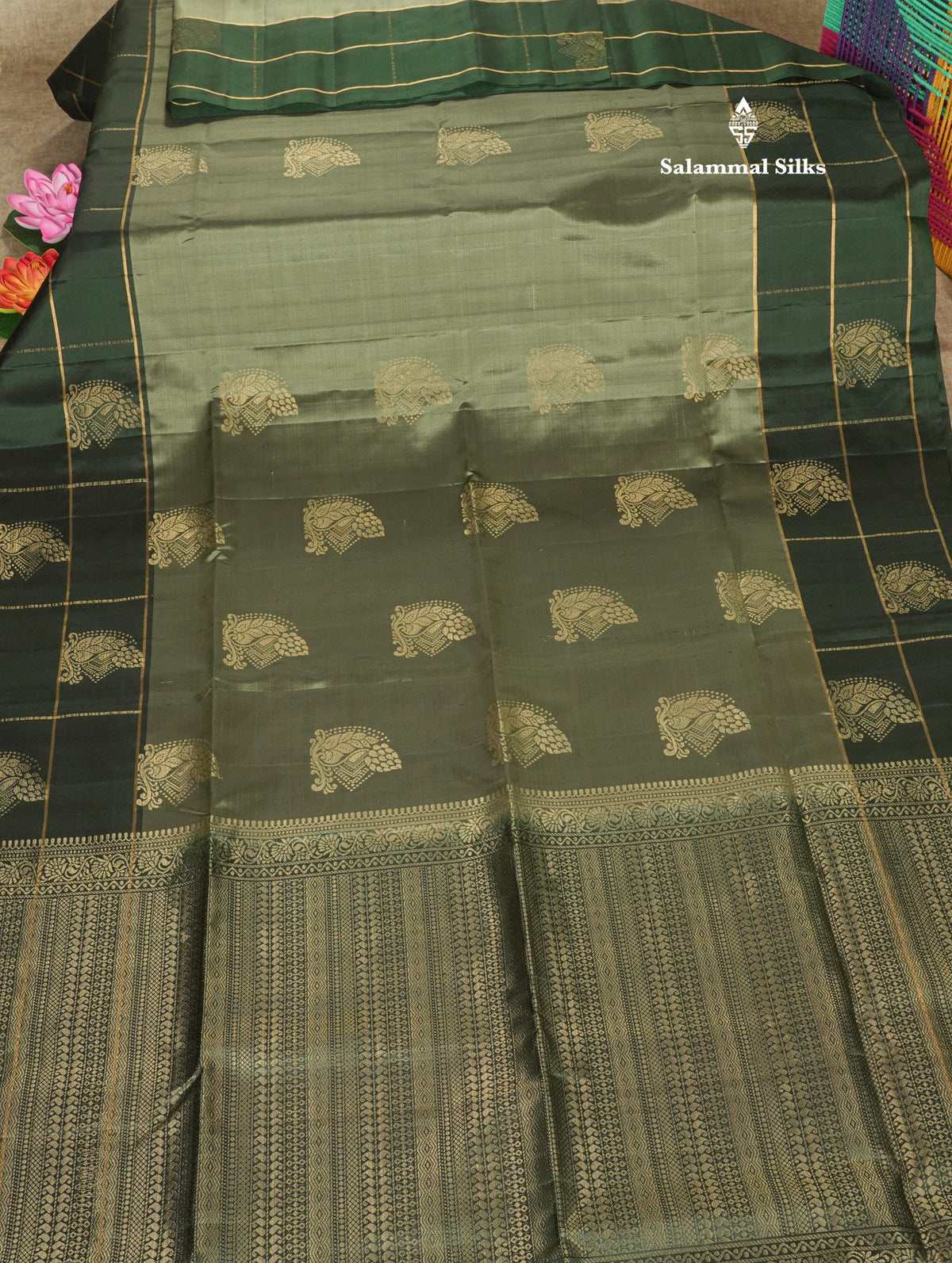 Moss Green Kanjivaram Pure Soft Silk Saree With Contrast Bottle Green Big Checks Border