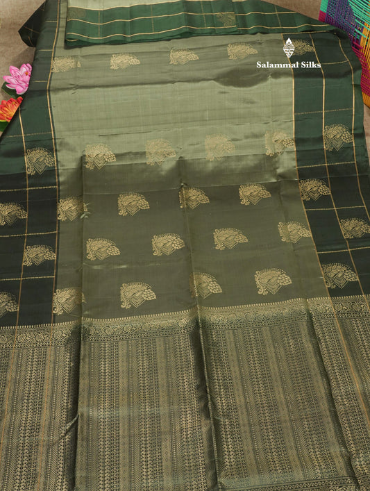 Moss Green Kanjivaram Pure Soft Silk Saree With Contrast Bottle Green Big Checks Border