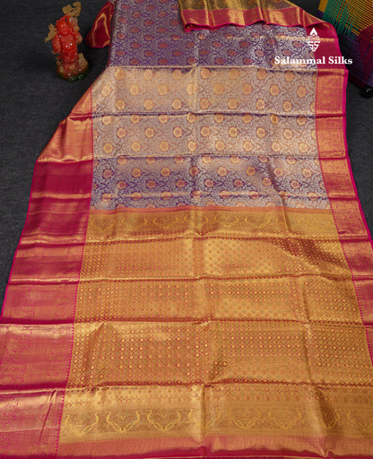 Beautiful Light Violet Tissue Bridal Pure Kanjivaram Silk Saree With Contrast Pink Traditional Evening Morning Border