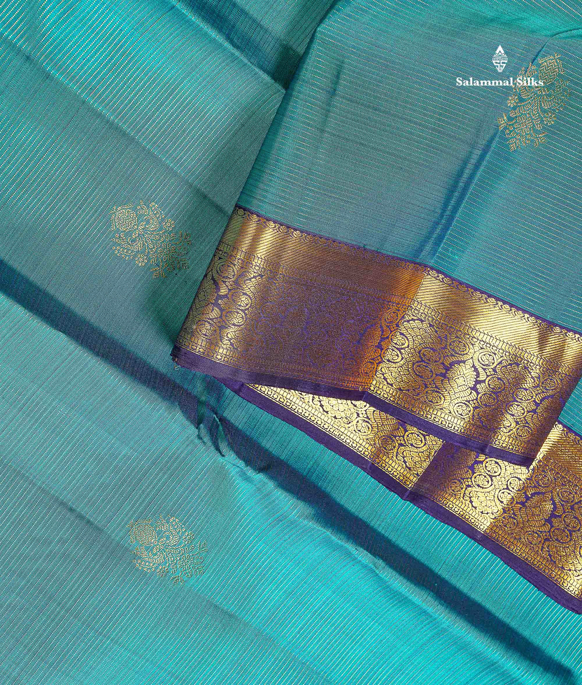 Pure Kanjivaram Silk Saree - Teal Blue Colour Body Vaira Oosi Lines With Butta & Navy Blue Evening Morning Border