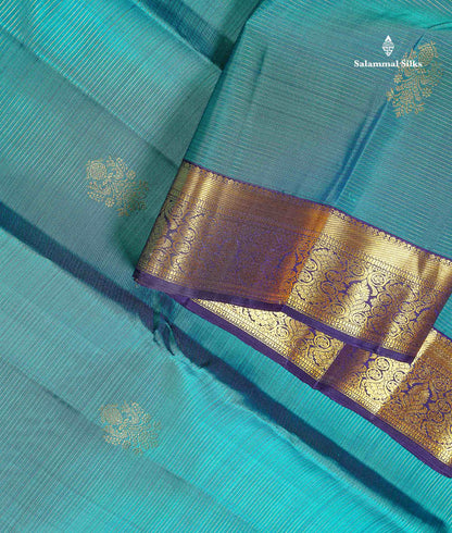 Pure Kanjivaram Silk Saree - Teal Blue Colour Body Vaira Oosi Lines With Butta & Navy Blue Evening Morning Border