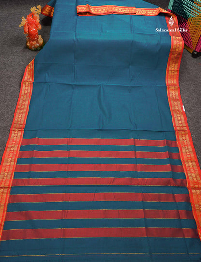 Beautiful Parrot Green Plain Pure Cotton Saree With Contrast Orange Traditional Border