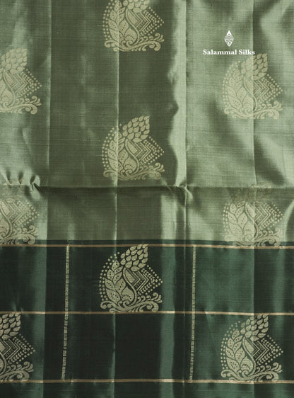 Moss Green Kanjivaram Pure Soft Silk Saree With Contrast Bottle Green Big Checks Border