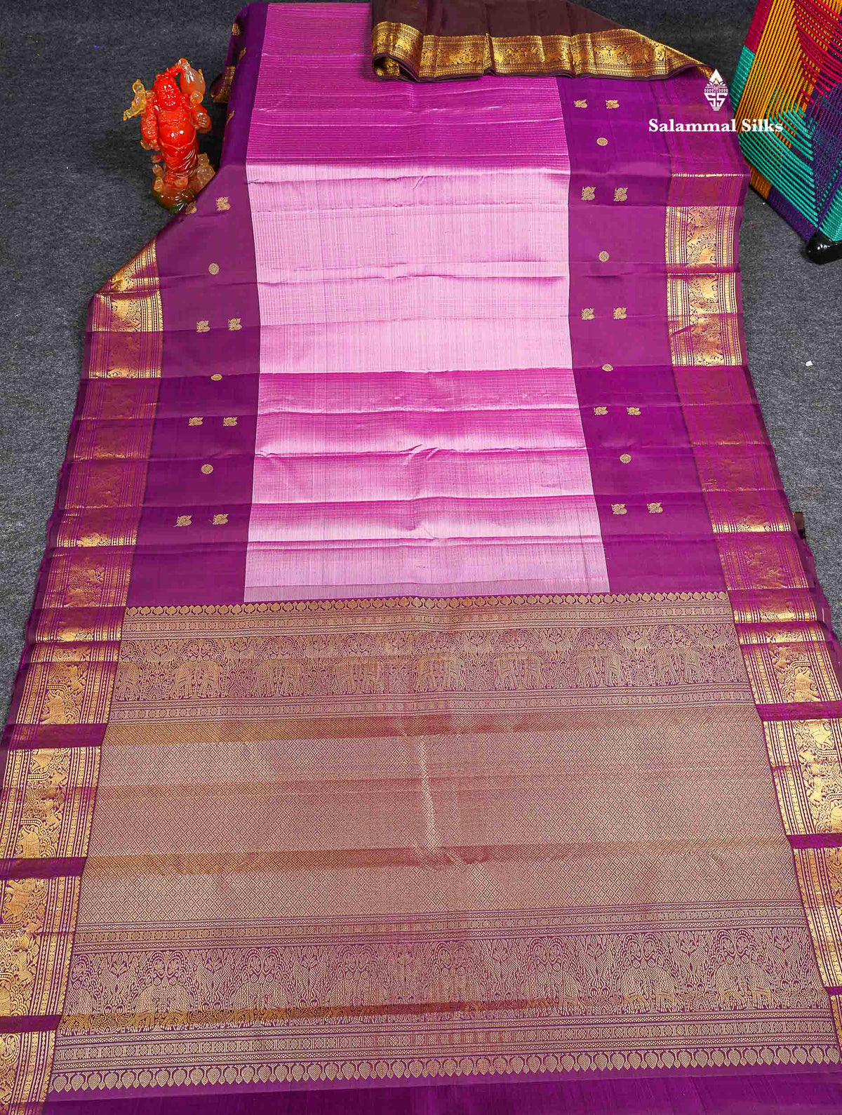 Pure Kanjivaram Silk Saree - Onion Pink Colour Body Small Checks With Contrast Wine Purple Long Border
