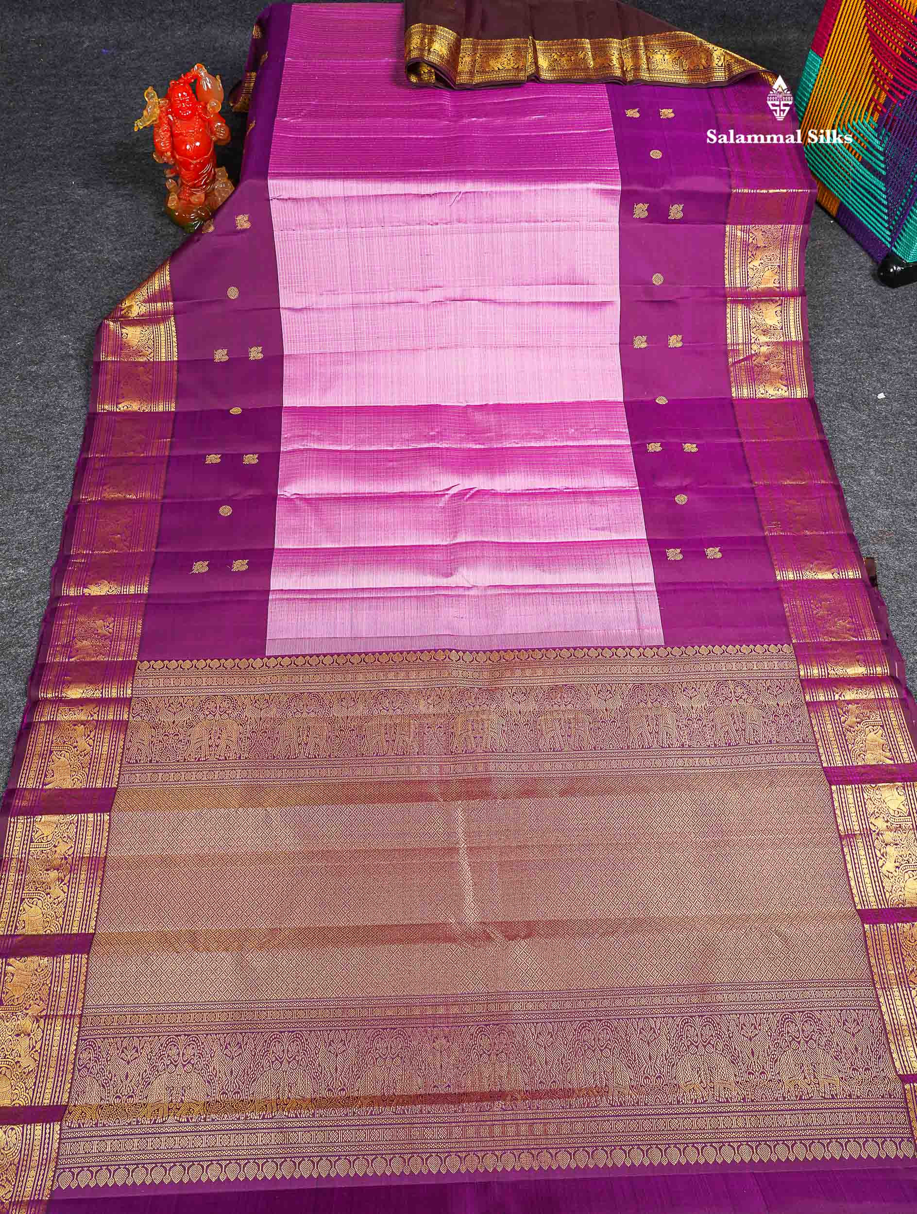 Pure Kanjivaram Silk Saree - Onion Pink Colour Body Small Checks With Contrast Wine Purple Long Border