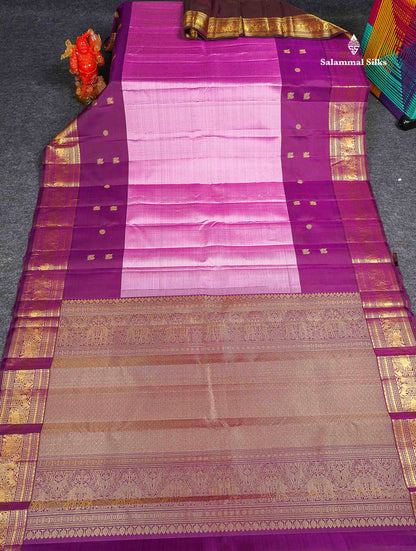Pure Kanjivaram Silk Saree - Onion Pink Colour Body Small Checks With Contrast Wine Purple Long Border