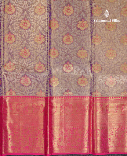 Beautiful Light Violet Tissue Bridal Pure Kanjivaram Silk Saree With Contrast Pink Traditional Evening Morning Border