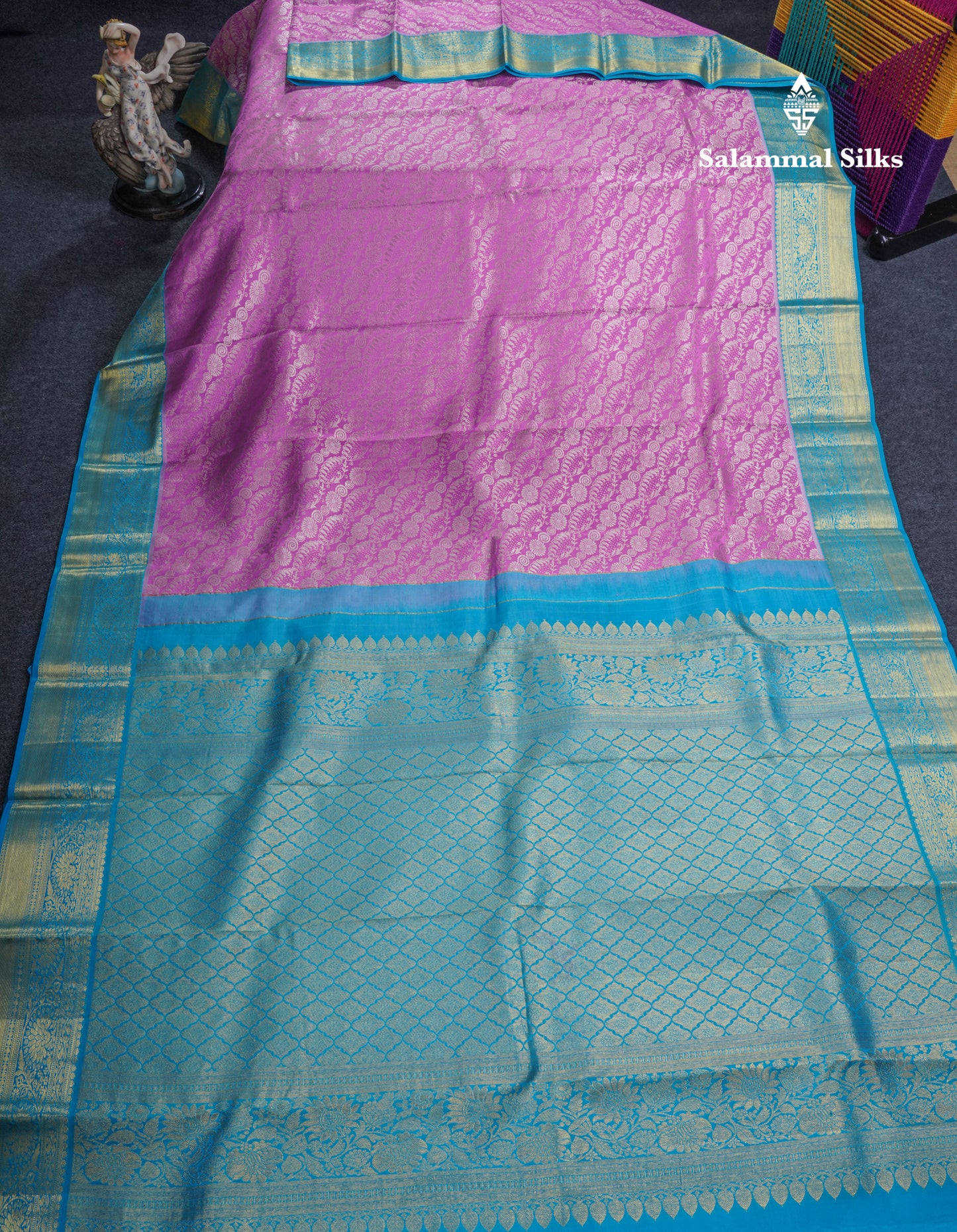 Purple Bridal Pure Kanjivaram Silk Saree With Contrast Sky Blue Traditional Border