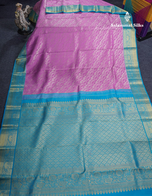 Purple Bridal Pure Kanjivaram Silk Saree With Contrast Sky Blue Traditional Border