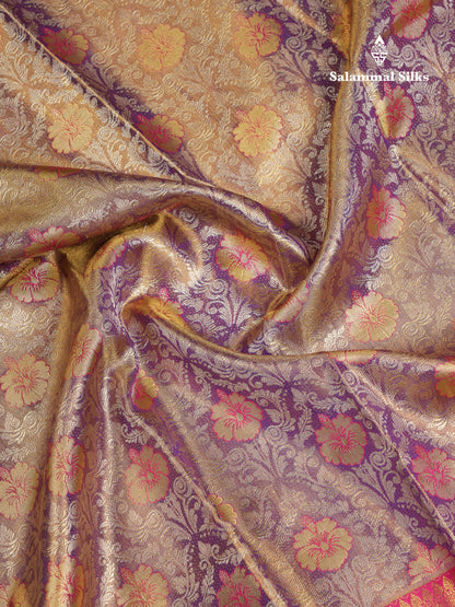 Beautiful Light Violet Tissue Bridal Pure Kanjivaram Silk Saree With Contrast Pink Traditional Evening Morning Border