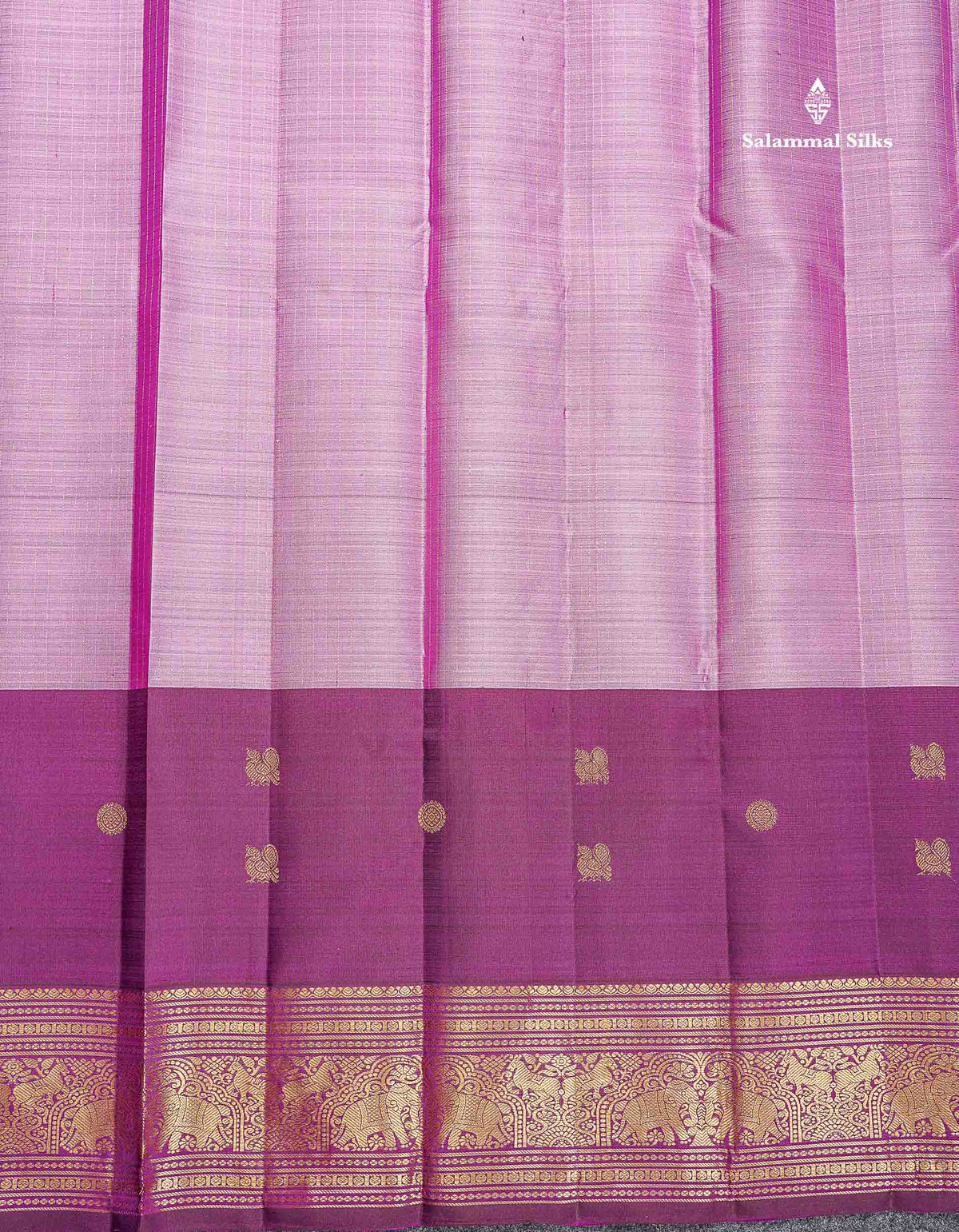Pure Kanjivaram Silk Saree - Onion Pink Colour Body Small Checks With Contrast Wine Purple Long Border