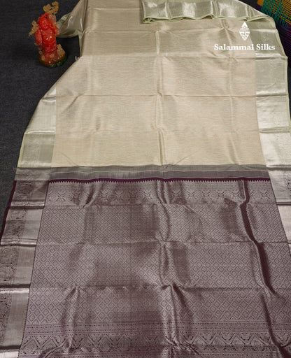 Beautiful Cream Green Fancy Bridal Pure Kanjivaram Silk Saree With Contrast Dark Brown Blouse