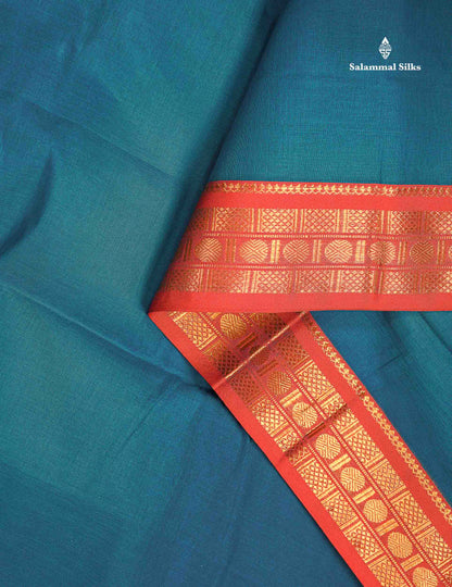 Beautiful Parrot Green Plain Pure Cotton Saree With Contrast Orange Traditional Border