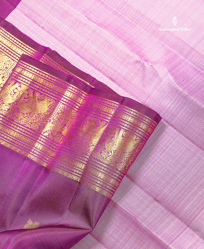 Pure Kanjivaram Silk Saree - Onion Pink Colour Body Small Checks With Contrast Wine Purple Long Border