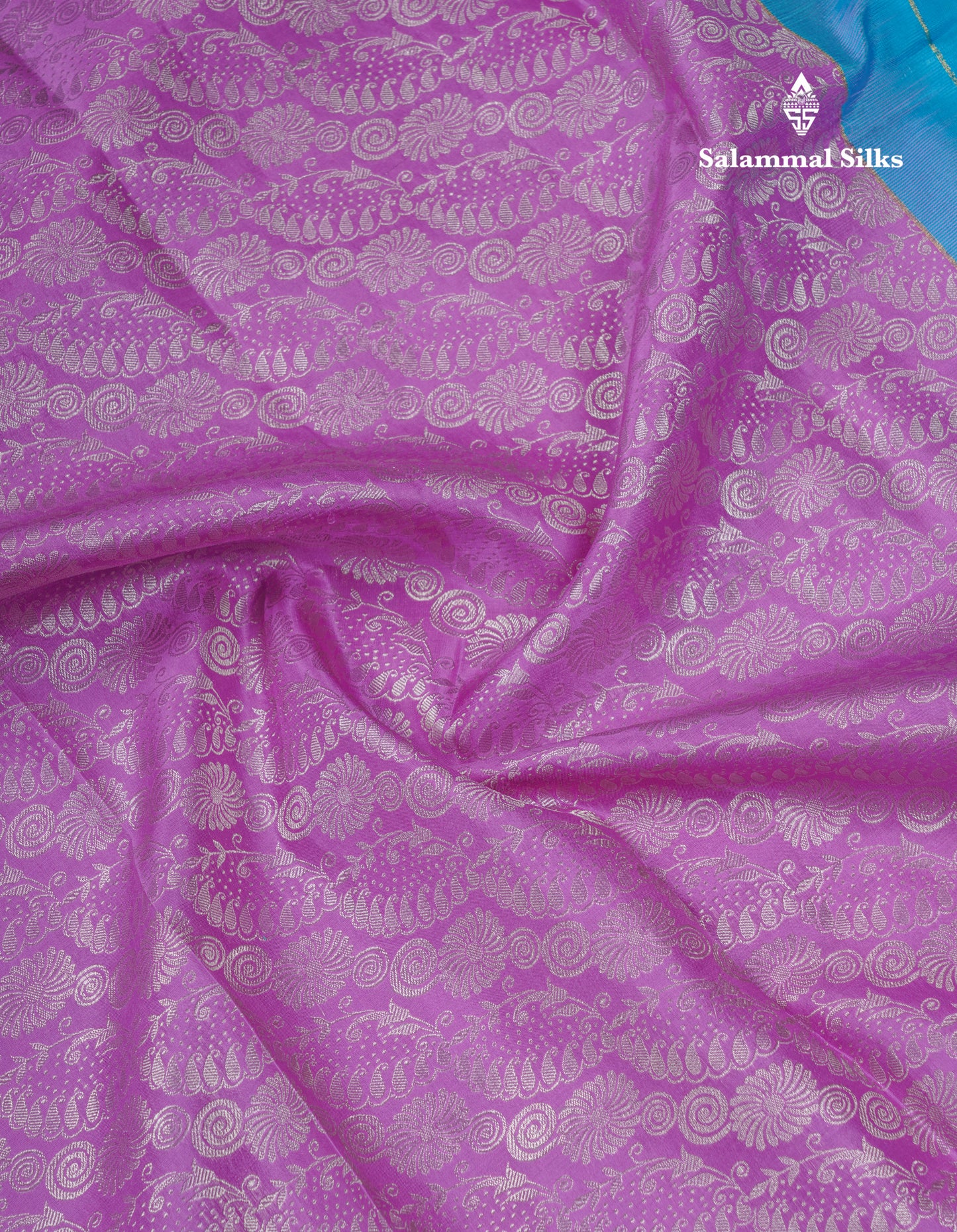 Purple Bridal Pure Kanjivaram Silk Saree With Contrast Sky Blue Traditional Border