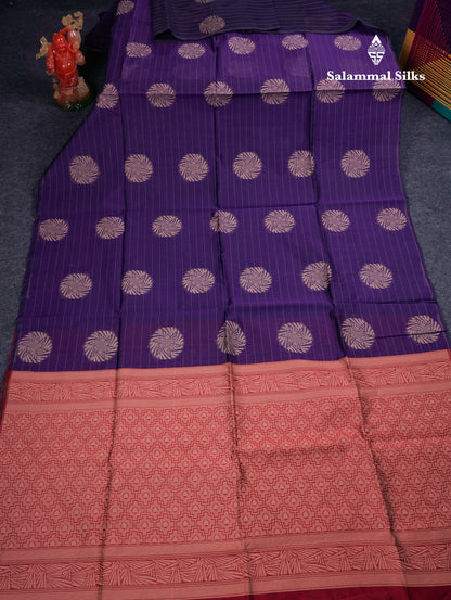 Beautiful Violet Fancy Kora Cotton Saree With Contrast Maroon Blouse