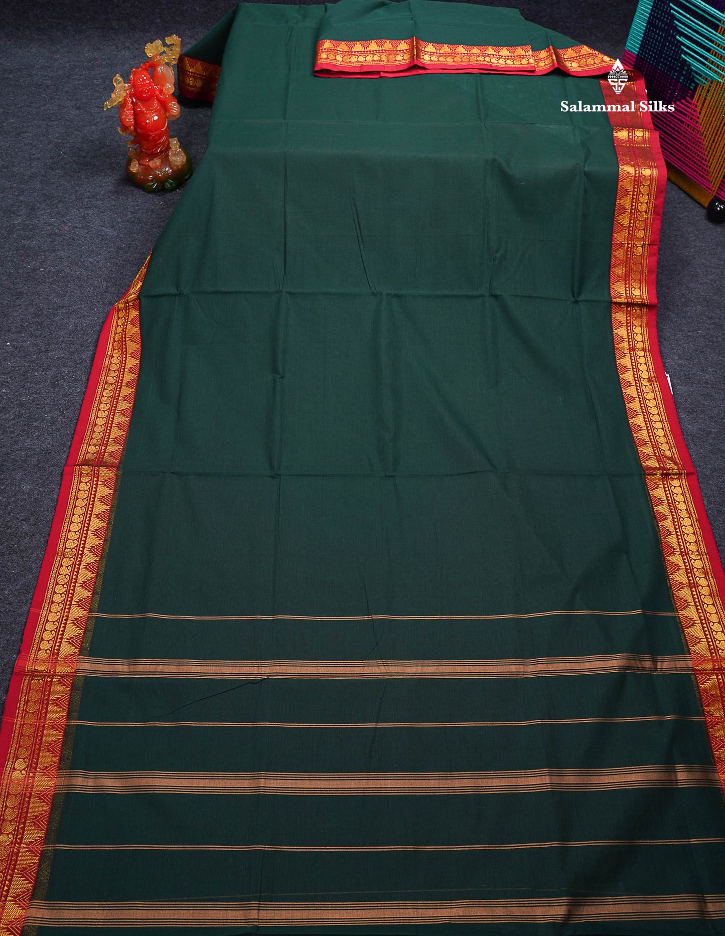 Beautiful Dual Tone Blue Plain Pure Cotton Saree With Contrast Red Traditional Border