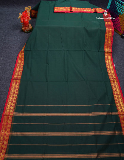 Beautiful Dual Tone Blue Plain Pure Cotton Saree With Contrast Red Traditional Border
