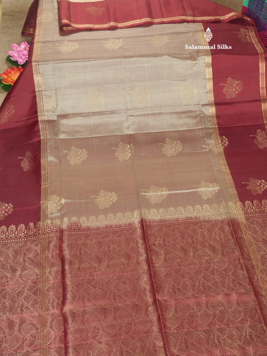 Light Brown Kanjivaram Pure Soft Silk Saree With Contrast Dark Maroon Border