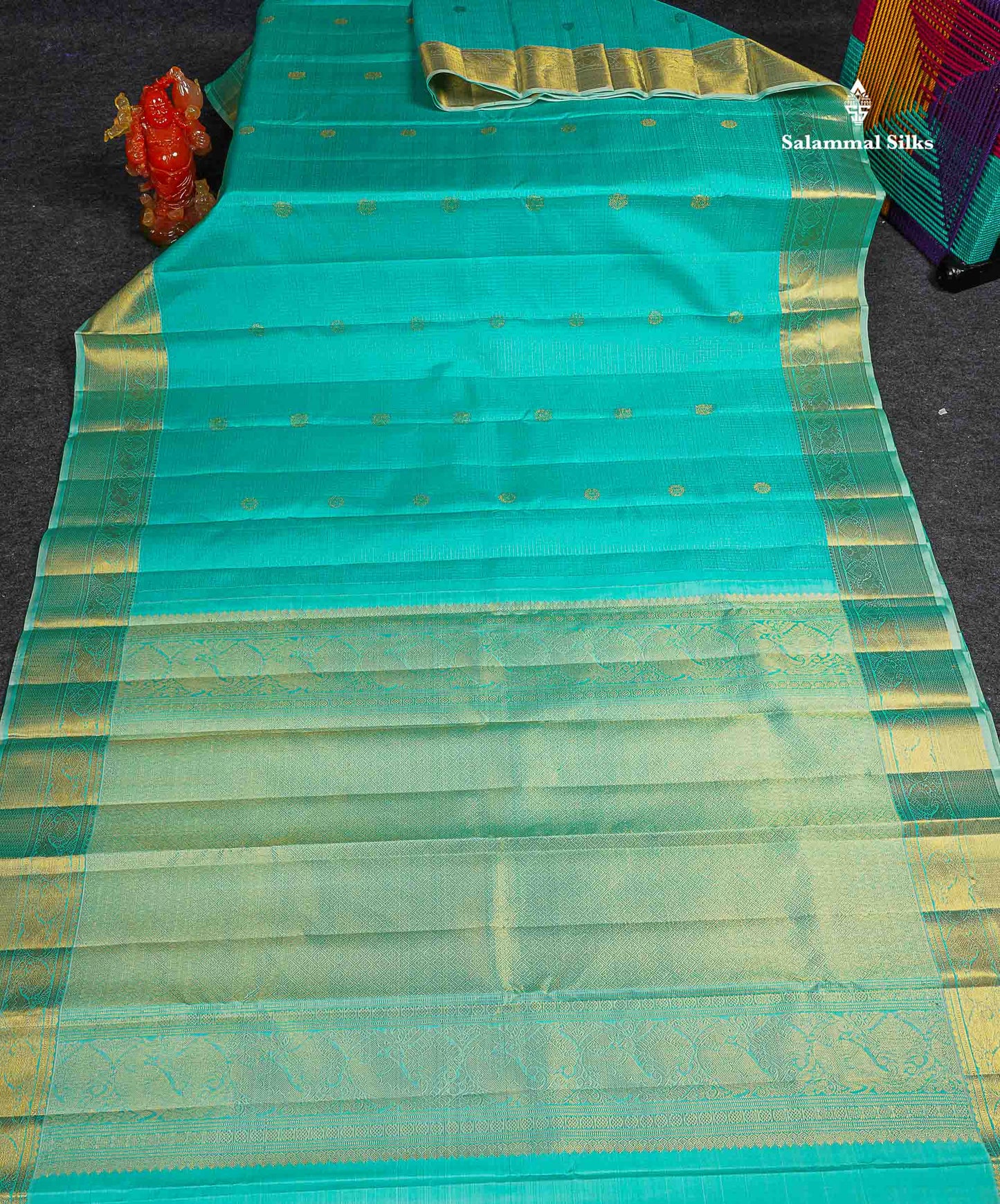 Pure Kanjivaram Silk Saree - Sea Blue Colour Body Small Checks With Butta & Contrast Light Sea Blue Border
