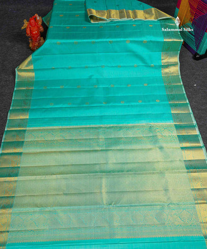 Pure Kanjivaram Silk Saree - Sea Blue Colour Body Small Checks With Butta & Contrast Light Sea Blue Border