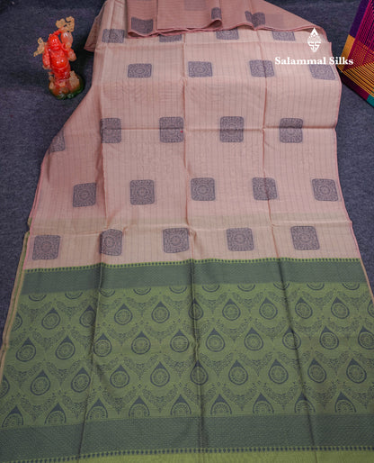 Beautiful Light Peach Fancy Kora Cotton Saree With Contrast Parrot Green Blouse