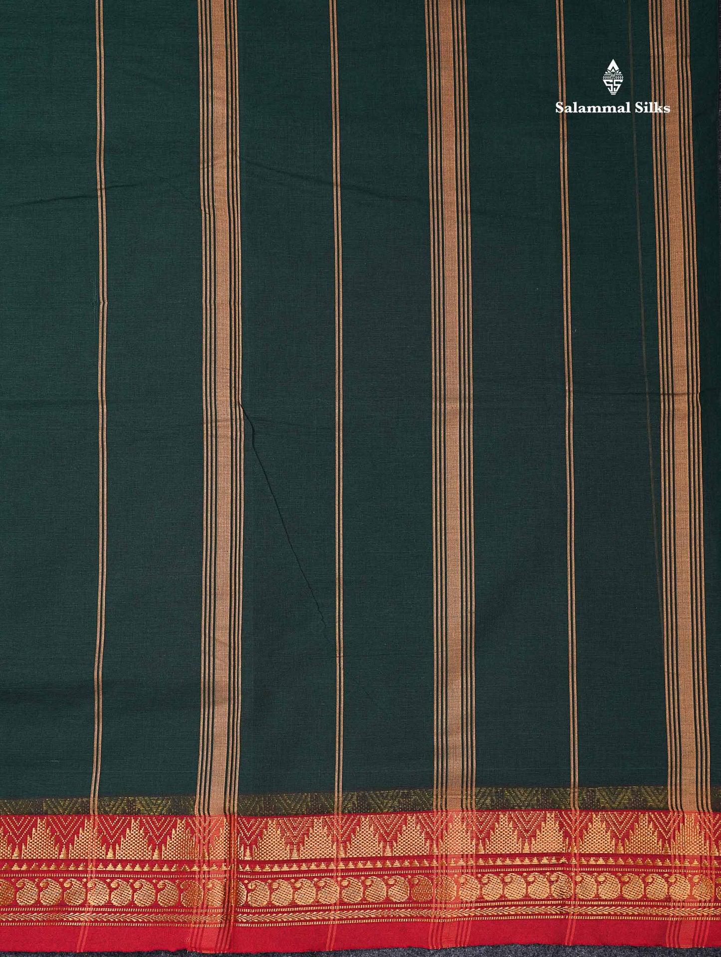 Beautiful Bottle Green Plain Pure Cotton Saree With Contrast Maroon Traditional Temple Border