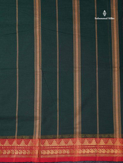 Beautiful Bottle Green Plain Pure Cotton Saree With Contrast Maroon Traditional Temple Border