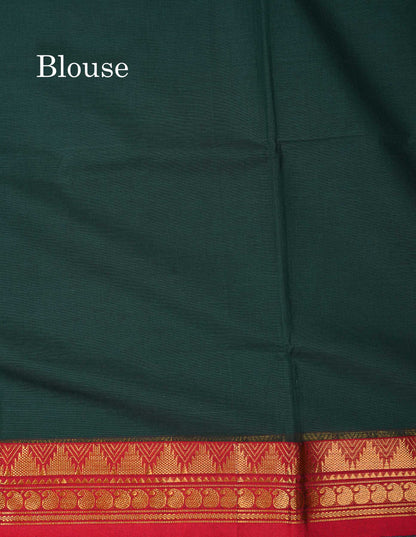 Beautiful Dual Tone Blue Plain Pure Cotton Saree With Contrast Red Traditional Border