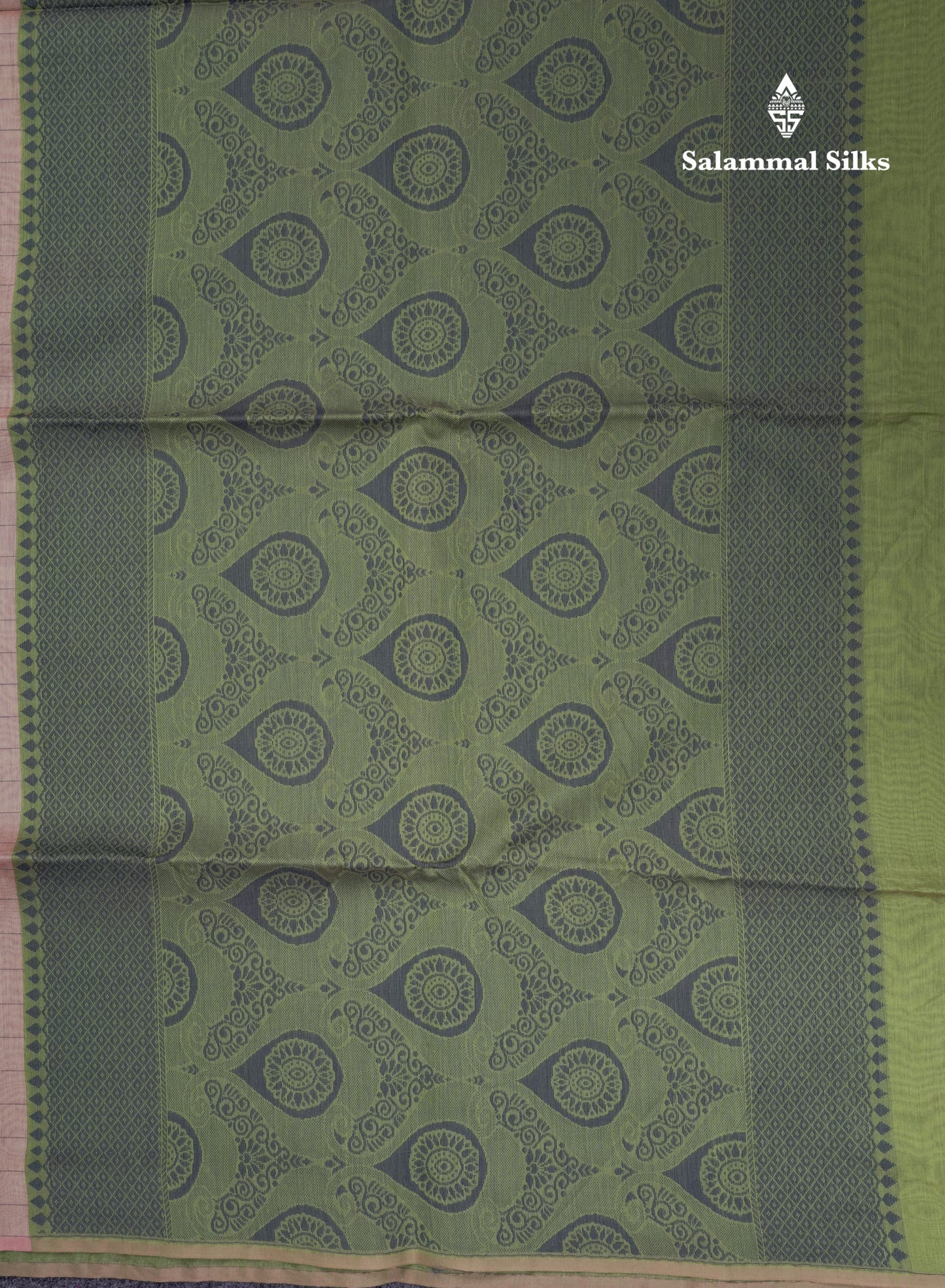 Beautiful Light Peach Fancy Kora Cotton Saree With Contrast Parrot Green Blouse