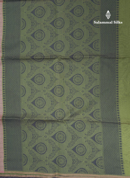 Beautiful Light Peach Fancy Kora Cotton Saree With Contrast Parrot Green Blouse