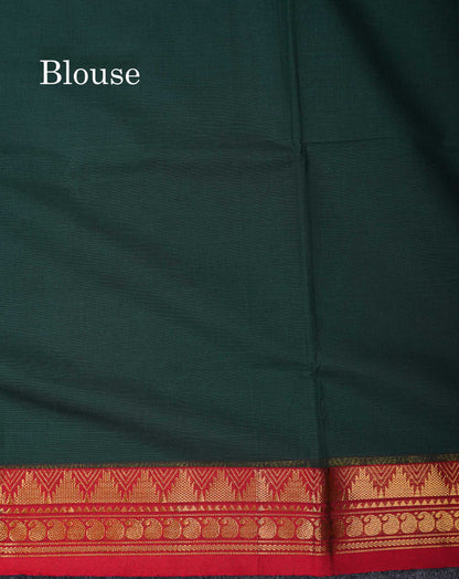 Beautiful Bottle Green Plain Pure Cotton Saree With Contrast Maroon Traditional Temple Border