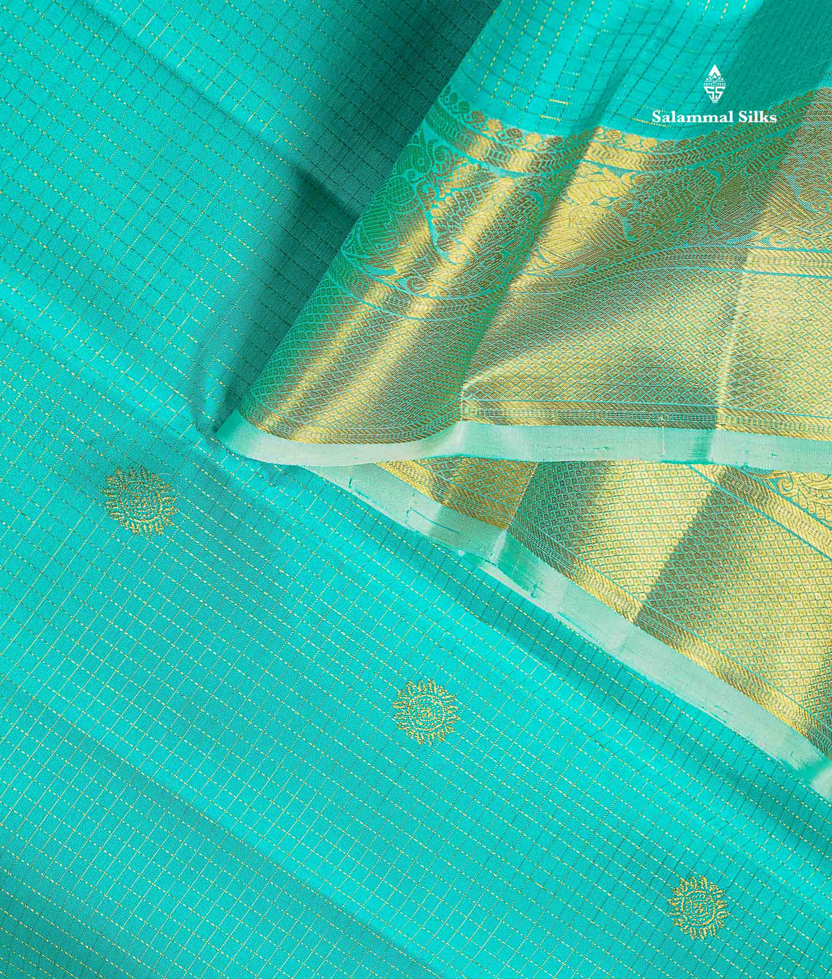 Pure Kanjivaram Silk Saree - Sea Blue Colour Body Small Checks With Butta & Contrast Light Sea Blue Border