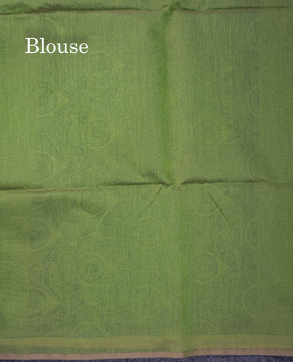 Beautiful Light Peach Fancy Kora Cotton Saree With Contrast Parrot Green Blouse