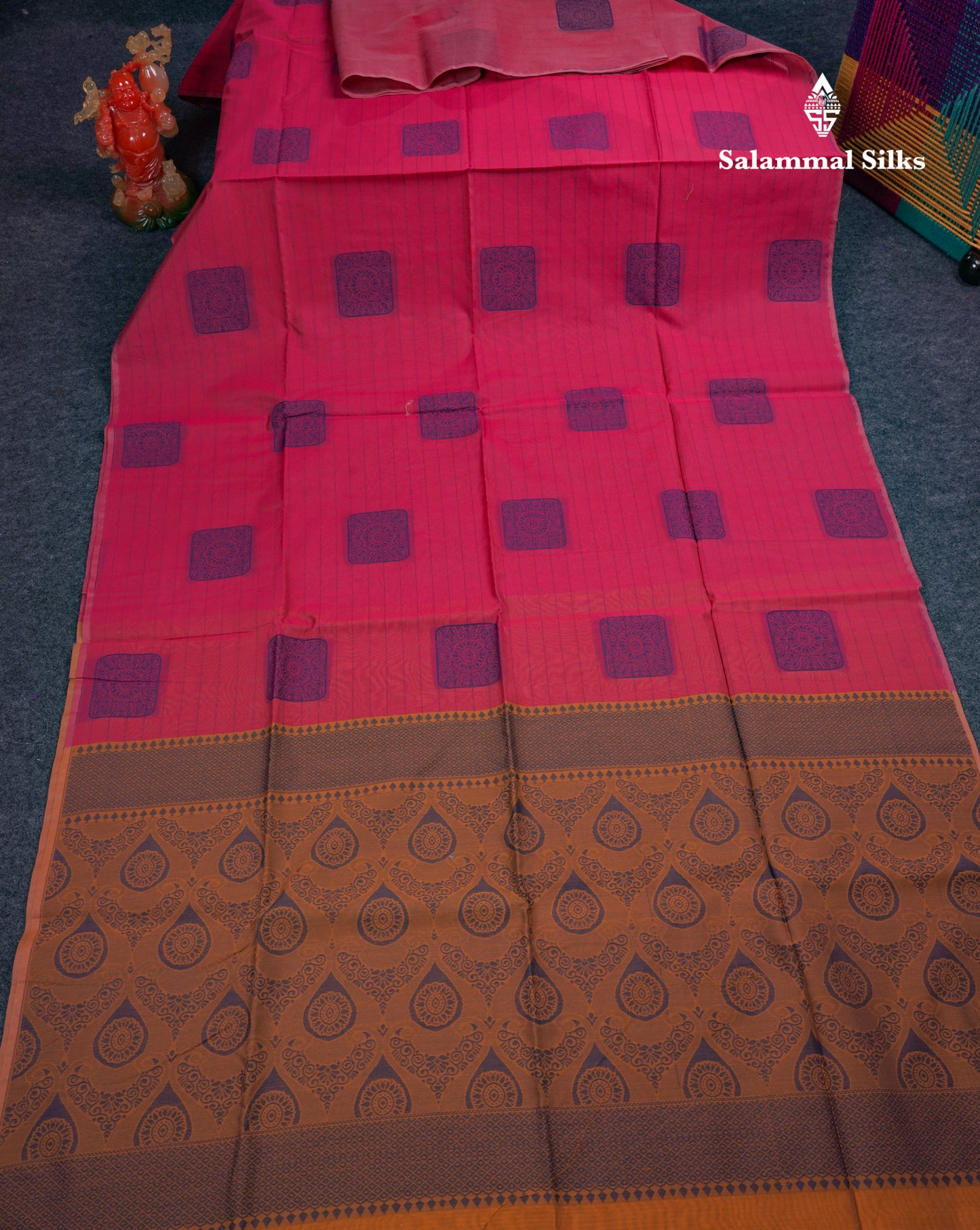 Beautiful Light Peach Fancy Kora Cotton Saree With Contrast Parrot Green Blouse
